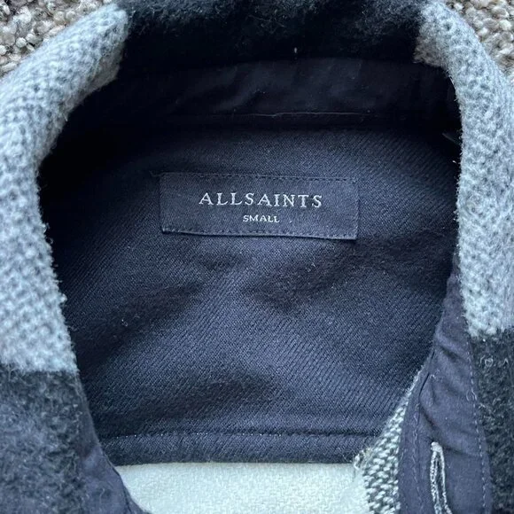 Allsaints Black White Checkered Flannel Overcoat Mens Medium Grunge Business - Picture 2 of 7